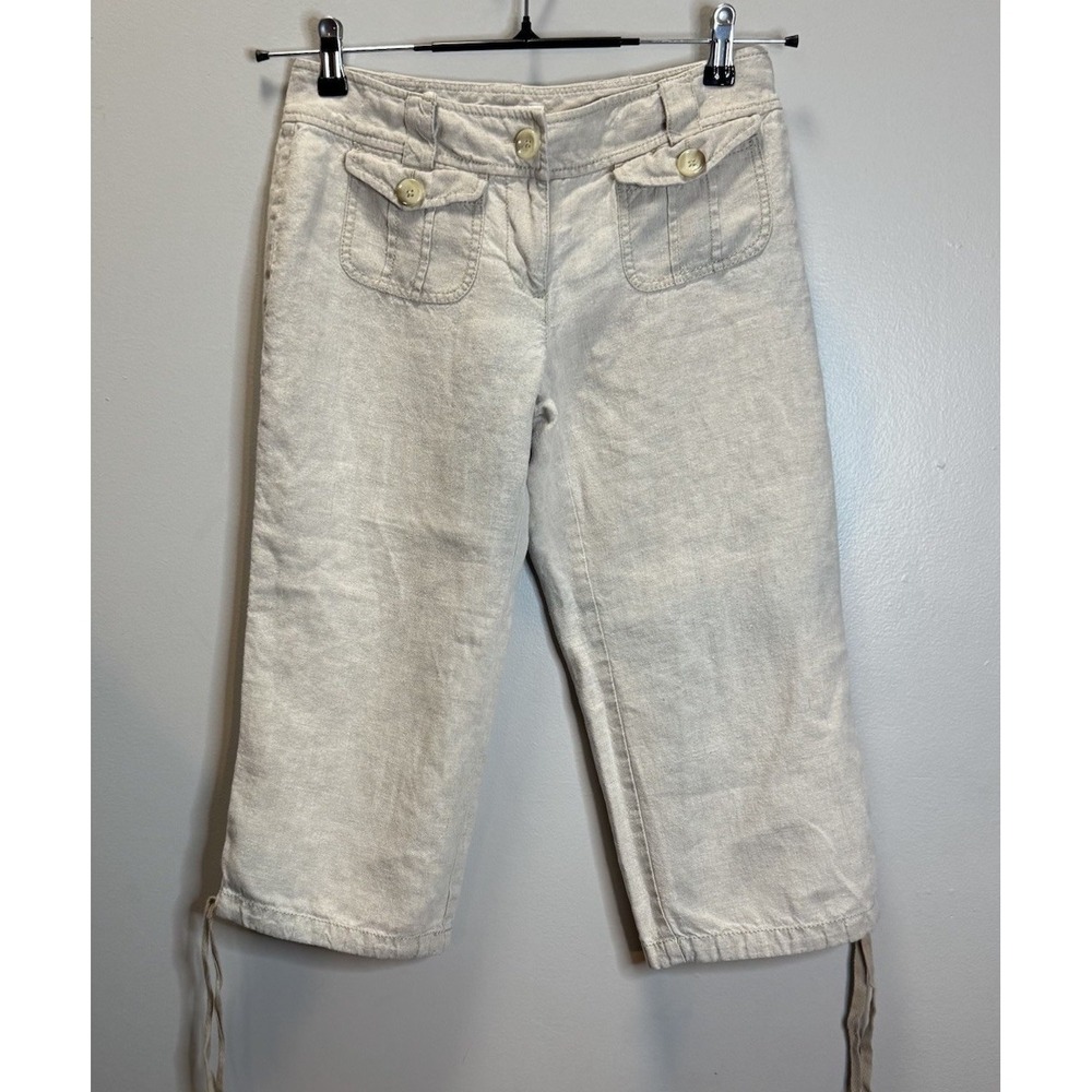 MICHAEL KORS Women Beige 100% Linen Cargo Style Capri Pants Sz 6 Pockets *flaw*